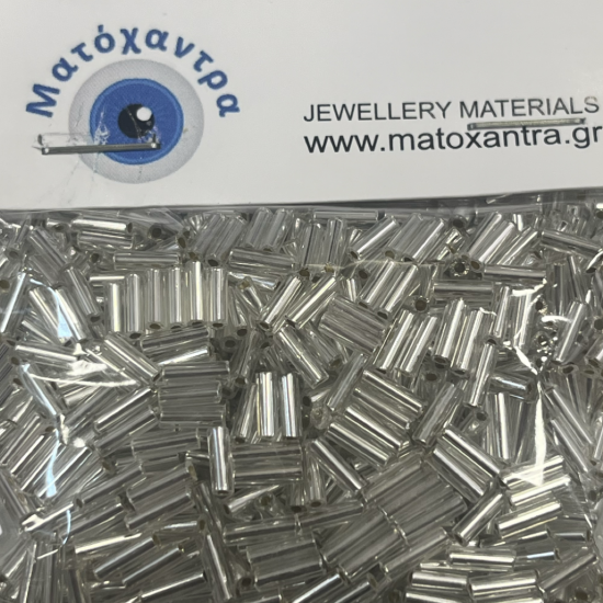 Γυάλινο μακαρόνι ασημί διάφανο 7mm 64gr